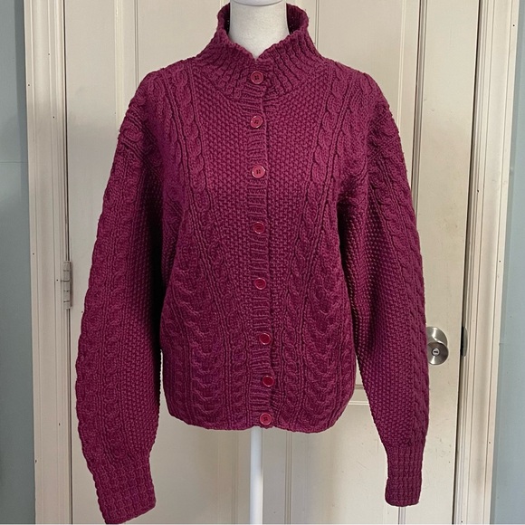 Vintage Hand Knit 100% Wool Cableknit Fisherman Cardigan Sweater Medium Purple - Picture 2 of 12